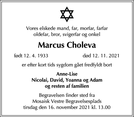 Dødsannoncen for Marcus Choleva - København