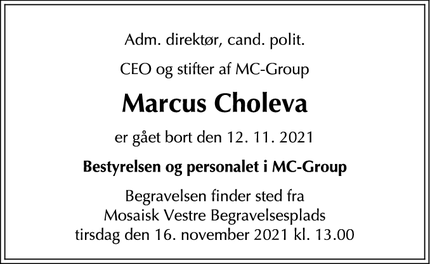 Dødsannoncen for Marcus Choleva - København