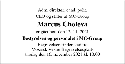 Dødsannoncen for Marcus Choleva - København