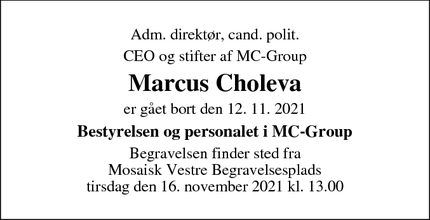Dødsannoncen for Marcus Choleva - København