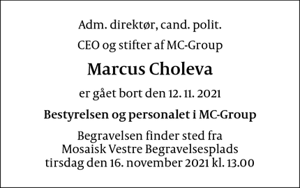 Dødsannoncen for Marcus Choleva - København