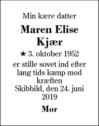 Dødsannoncen for Maren Elise
Kjær - Skibbild