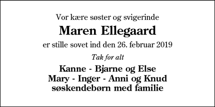 Dødsannoncen for Maren Ellegaard - Årre