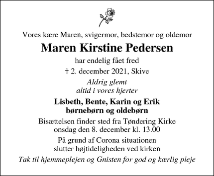 Dødsannoncen for Maren Kirstine Pedersen - Skive