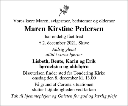 Dødsannoncen for Maren Kirstine Pedersen - Skive