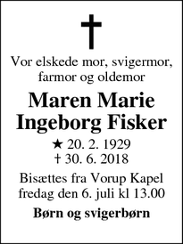 Dødsannoncen for Maren Marie Ingeborg Fisker - Randers