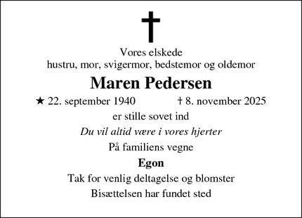 Dødsannoncen for Maren Pedersen - Hammel/ Voldby