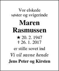 Dødsannoncen for Maren Rasmussen - Struer