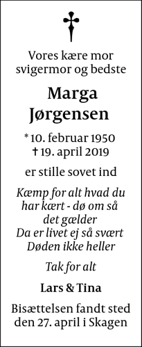 Dødsannoncen for  Marga Jørgensen  - Ballerup