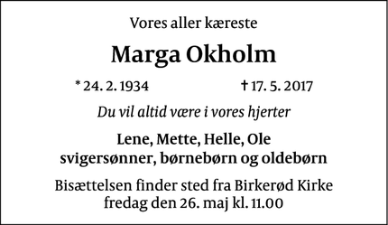 Dødsannoncen for Marga Okholm - Birkerød