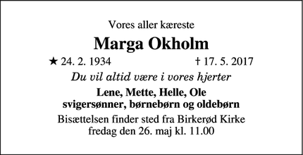 Dødsannoncen for Marga Okholm - Birkerød