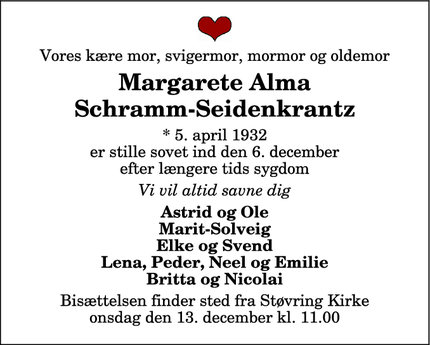 Dødsannoncen for Margarete Alma
Schramm-Seidenkrantz - Støvring