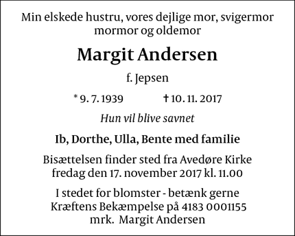 Dødsannoncen for Margit Andersen - Hvidovre