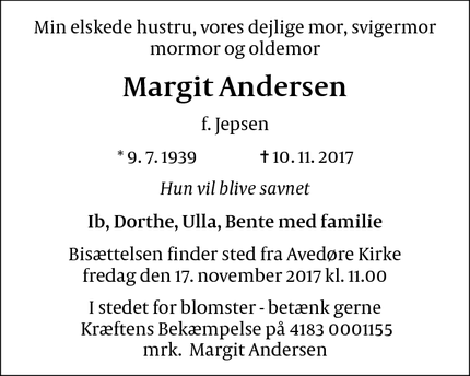 Dødsannoncen for Margit Andersen - Hvidovre