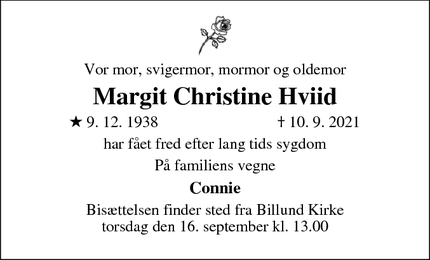 Dødsannoncen for Margit Christine Hviid - Børkop