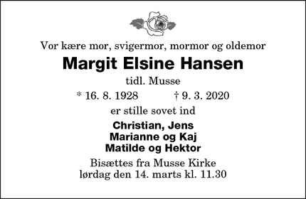Dødsannoncen for Margit Elsine Hansen  - Nysted