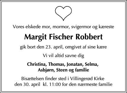 Dødsannoncen for Margit Fischer Robbert - Dronningmølle