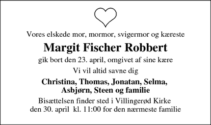 Dødsannoncen for Margit Fischer Robbert - Dronningmølle