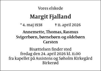 Dødsannoncen for Margit Fjalland - Helsingør