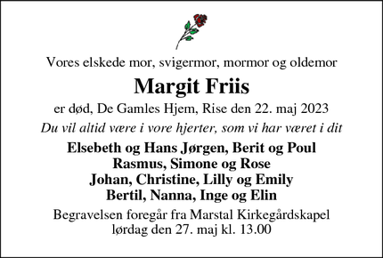 Dødsannoncen for Margit Friis - Marstal