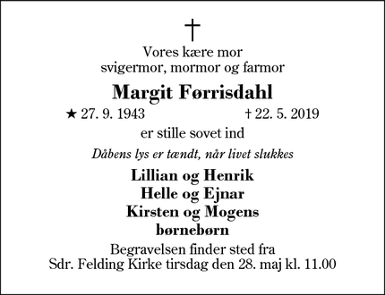 Dødsannoncen for Margit Førrisdahl - Sdr. Felding