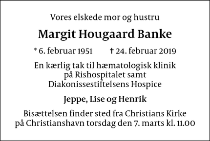 Dødsannoncen for Margit Hougaard Banke - København, Danmark