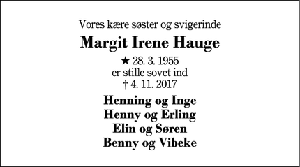 Dødsannoncen for Margit Irene Hauge - gullestrup 7400 herning