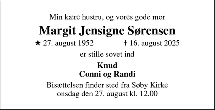 Dødsannoncen for Margit Jensigne Sørensen - Søby Ærø