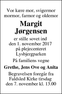 Dødsannoncen for Margit Jørgensen - Faaborg