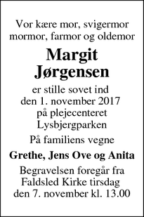 Dødsannoncen for Margit Jørgensen - Faaborg