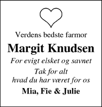 Dødsannoncen for Margit Knudsen - Kruså