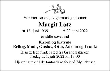 Dødsannoncen for Margit Lotz - Hellerup