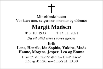 Dødsannoncen for Margit Madsen - Aarhus