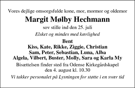 Dødsannoncen for Margit Mølby Hechmann - Odense