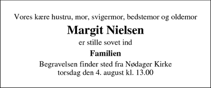 Dødsannoncen for Margit Nielsen - Lystrup
