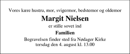 Dødsannoncen for Margit Nielsen - Lystrup