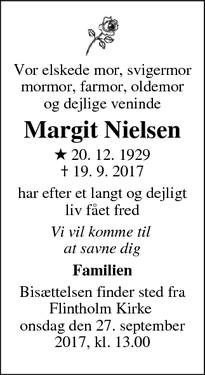 Dødsannoncen for Margit Nielsen - Frederiksberg 2000 f