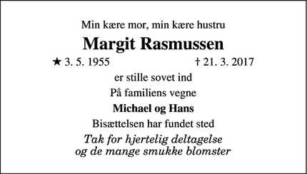 Dødsannoncen for Margit Rasmussen - Ejby, Kirke Hyllinge