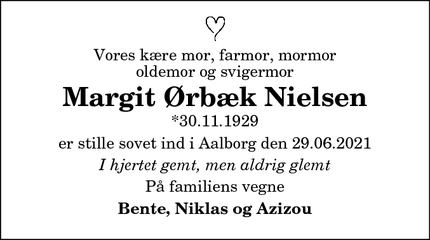 Dødsannoncen for Margit Ørbæk Nielsen - Aalborg