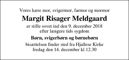 Dødsannoncen for Margit Risager Meldgaard - Odense