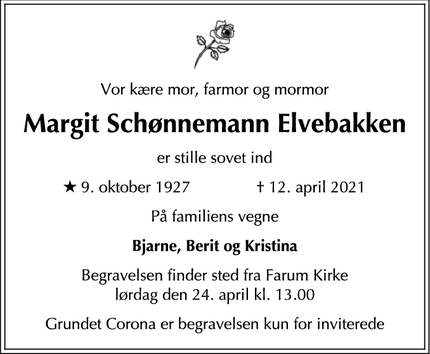Dødsannoncen for Margit Schønnemann Elvebakken - Farum