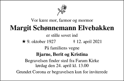 Dødsannoncen for Margit Schønnemann Elvebakken - Farum