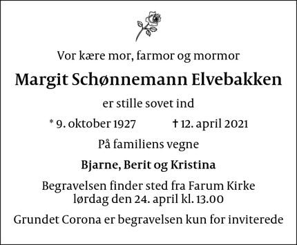Dødsannoncen for Margit Schønnemann Elvebakken - Farum