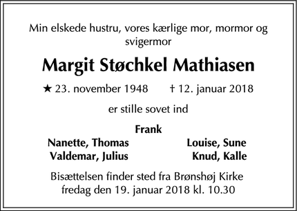 Dødsannoncen for Margit Støchkel Mathiasen - Brønshøj