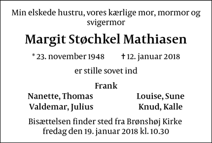 Dødsannoncen for Margit Støchkel Mathiasen - Brønshøj