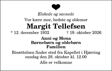 Dødsannoncen for Margit Tellefsen - Hjørring