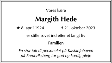 Dødsannoncen for Margith Hede - Frederiksberg