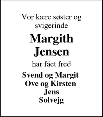 Dødsannoncen for Margith Jensen  - Varde
