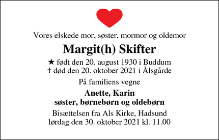 Dødsannoncen for Margit(h) Skifter - Haderslev