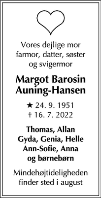 Dødsannoncen for Margot Barosin
Auning-Hansen - København 